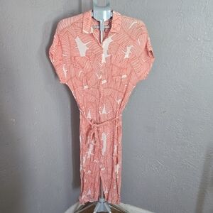 Parfois Leaf Print Dress Tropical Vacation Resort Pockets Midi